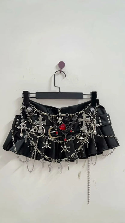 Black Micro Pleated Cross Chain Skirt
