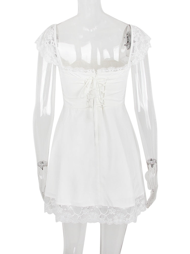 Lace Trim Square Neck Frill Mini Dress