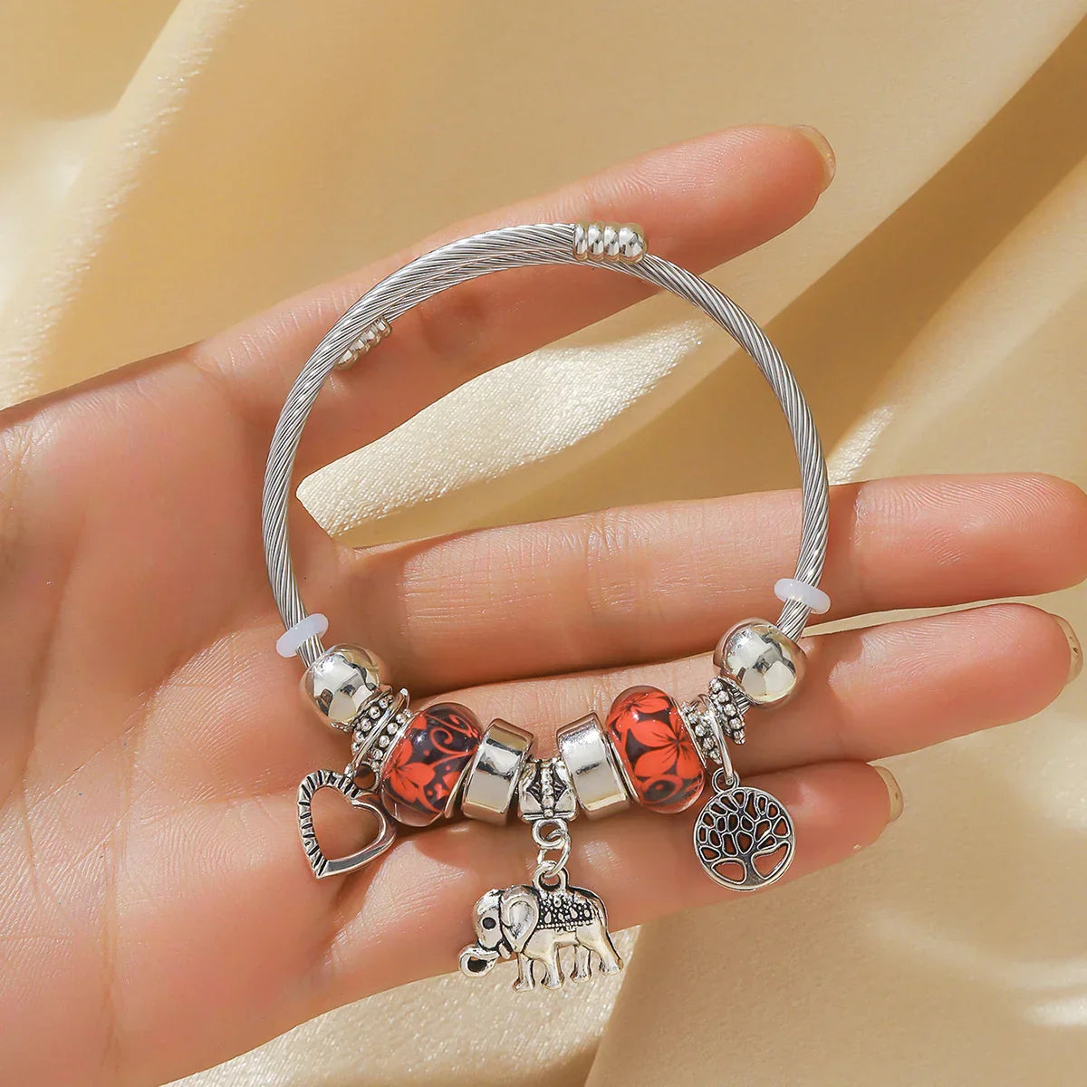 Silver Elephant and Heart Tree Charm Cuff Bracelet for Women