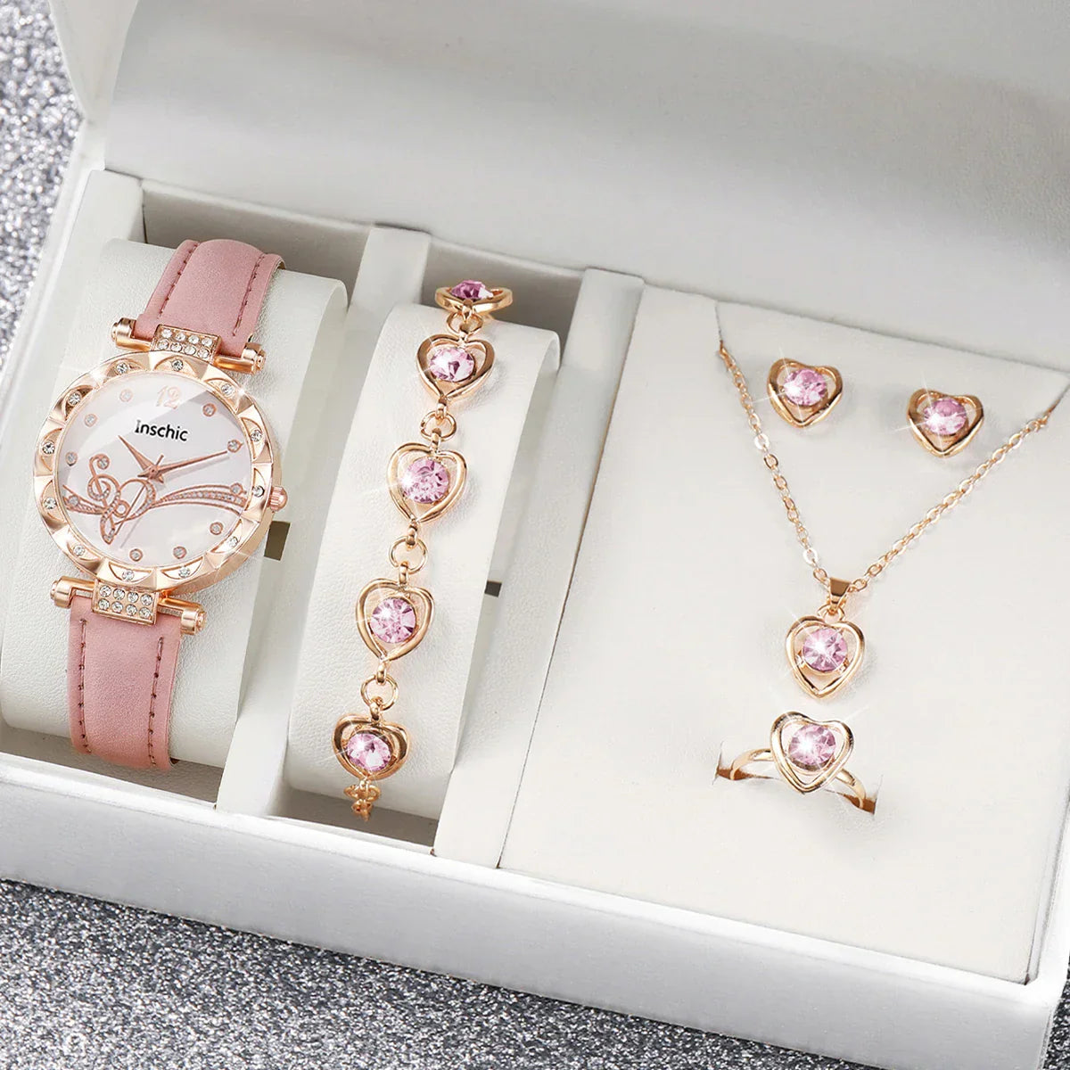 Rhinestone Heart Watch and Jewelry Set for Women