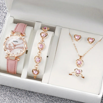 Rhinestone Heart Watch and Jewelry Set for Women