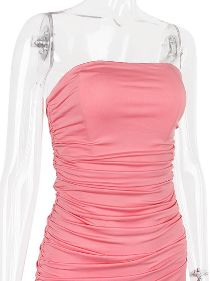 Pink Ruched Frill Tube Midi Dress