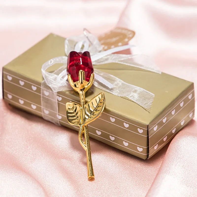 Crystal Glass Rose with Silver or Gold Rod - Romantic Gift
