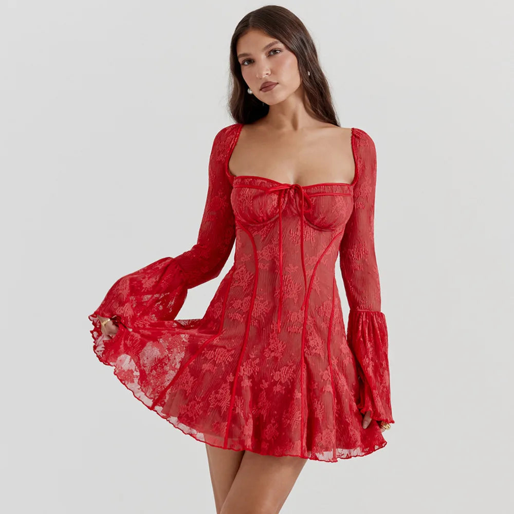 Long Sleeve Lace Square Neck Mini Dress