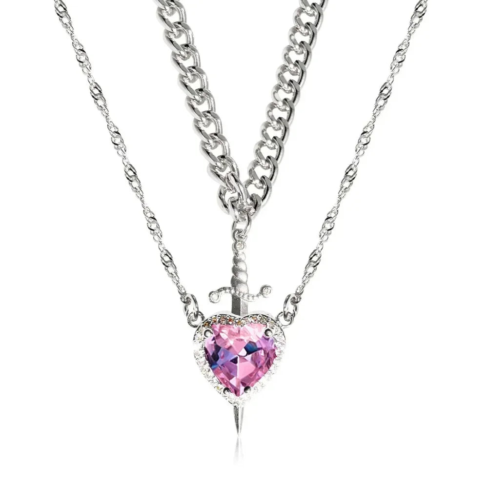 Heart and Sword Zircon Pendant Necklace Set