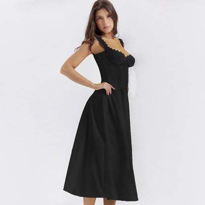 V-neck Doily Trim Frill Midi Dress