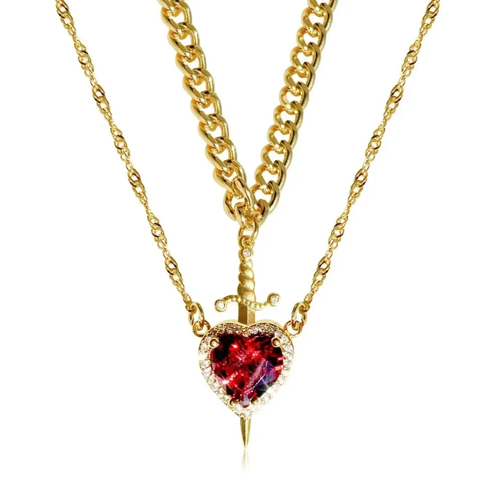Heart and Sword Zircon Pendant Necklace Set