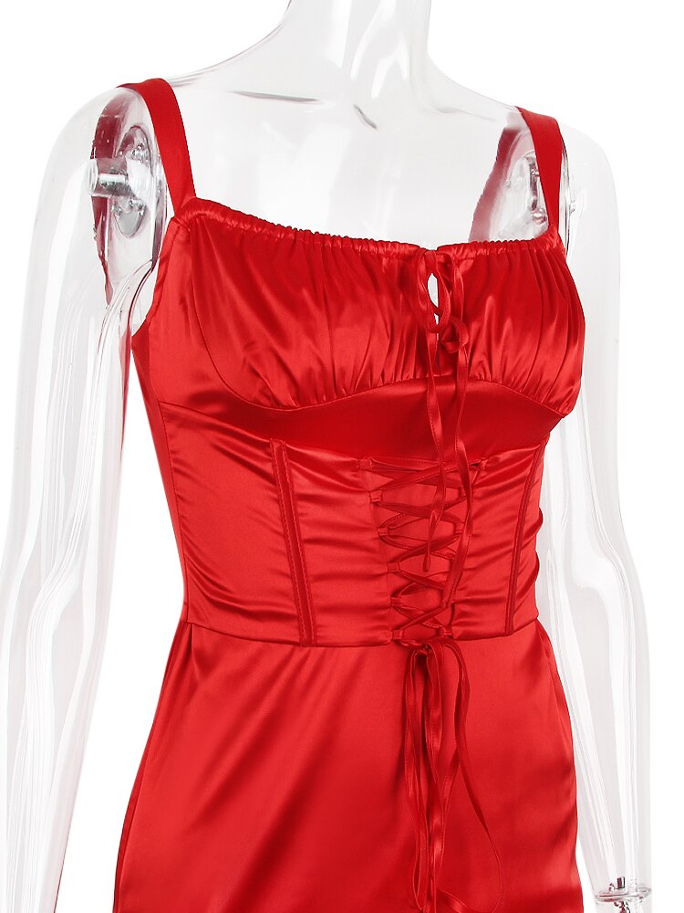 Red Satin Tie-Up Bustier Strappy Midi Dress