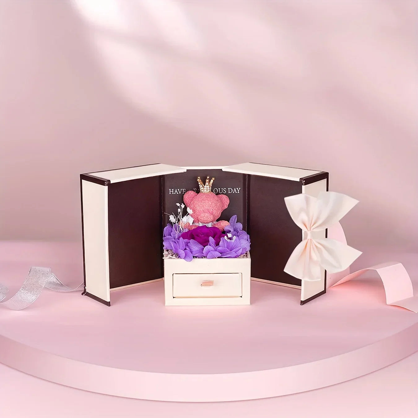 Heartbeat Pendant Necklace with Teddy Bear and Rose Gift Box