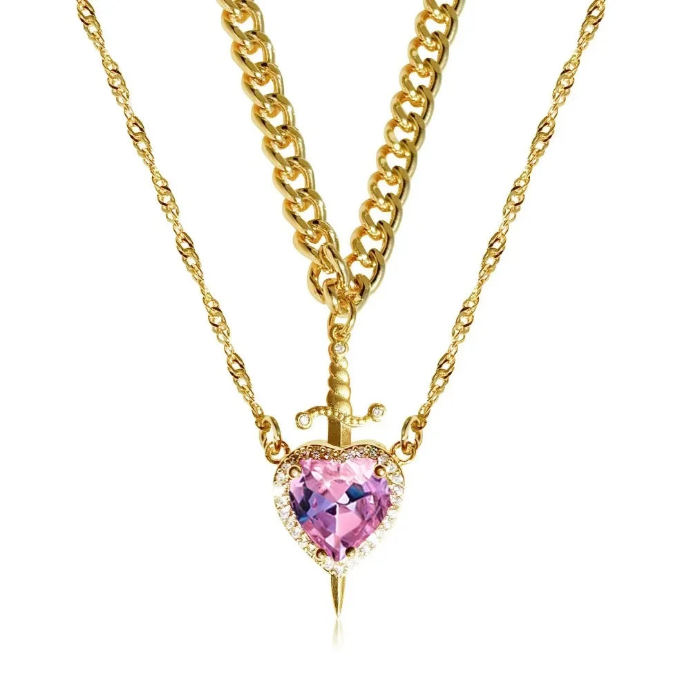 Heart and Sword Zircon Pendant Necklace Set