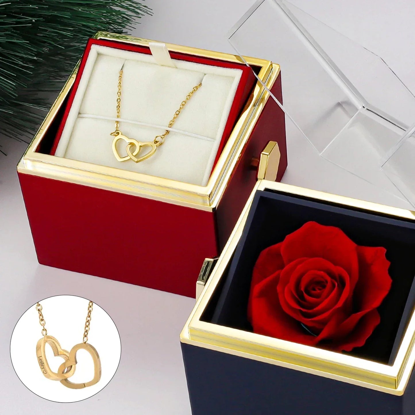 Personalized Double Heart Necklace with Rose Gift Box