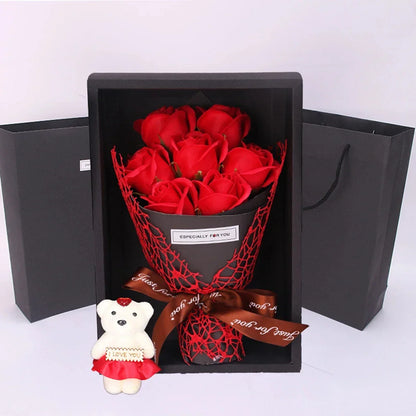 Handmade 7-Rose Soap Bouquet with Little Bear Gift Box for Valentine's Day and Special Occasions