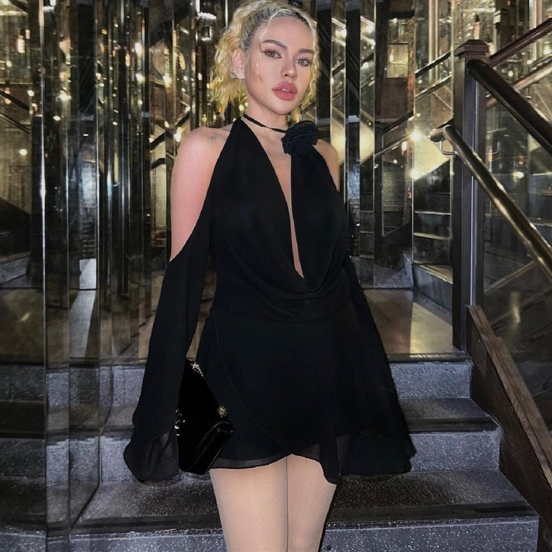 Deep Neck Draped Cut Long Sleeve Mini Dress