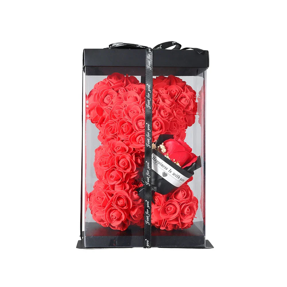 25cm Teddy Rose Bear with Lighted Box Artificial Flower Gift for Valentine's Day and Special Occasions