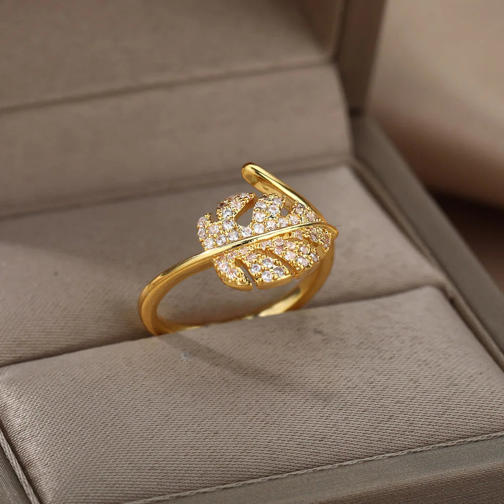 Gold Palm Leaf Adjustable Ring with Zircon Accents