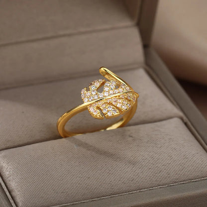 Gold Palm Leaf Adjustable Ring with Zircon Accents