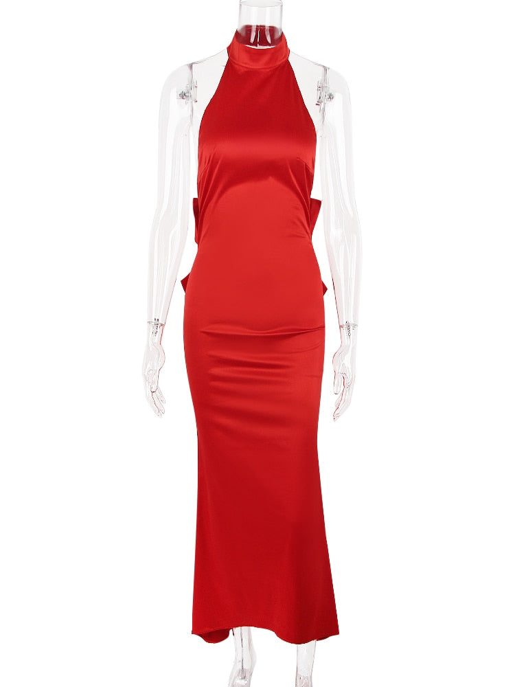 Red Satin Backless Bow Halter Maxi Dress