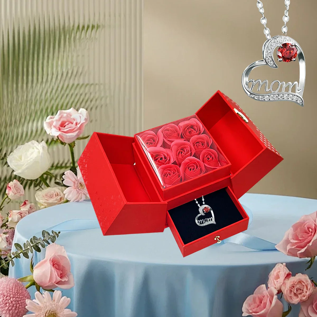 Heart-Shaped Pendant Necklace with Red Rose Gift Box