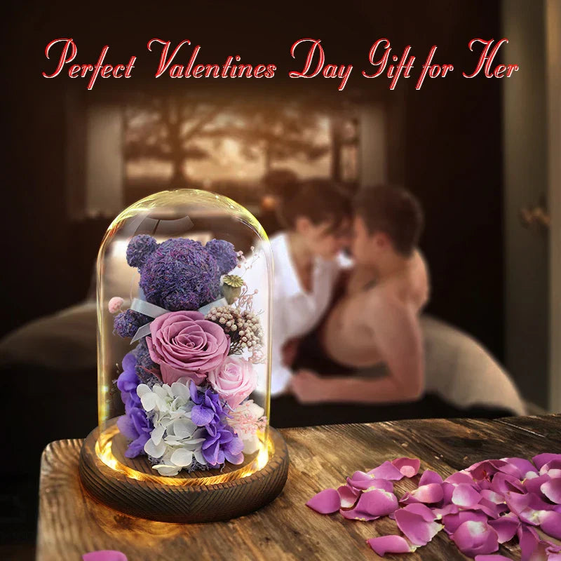 Eternal Preserved Rose Teddy Bear Gift Box with Lights