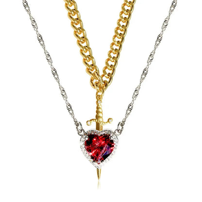 Heart and Sword Zircon Pendant Necklace Set
