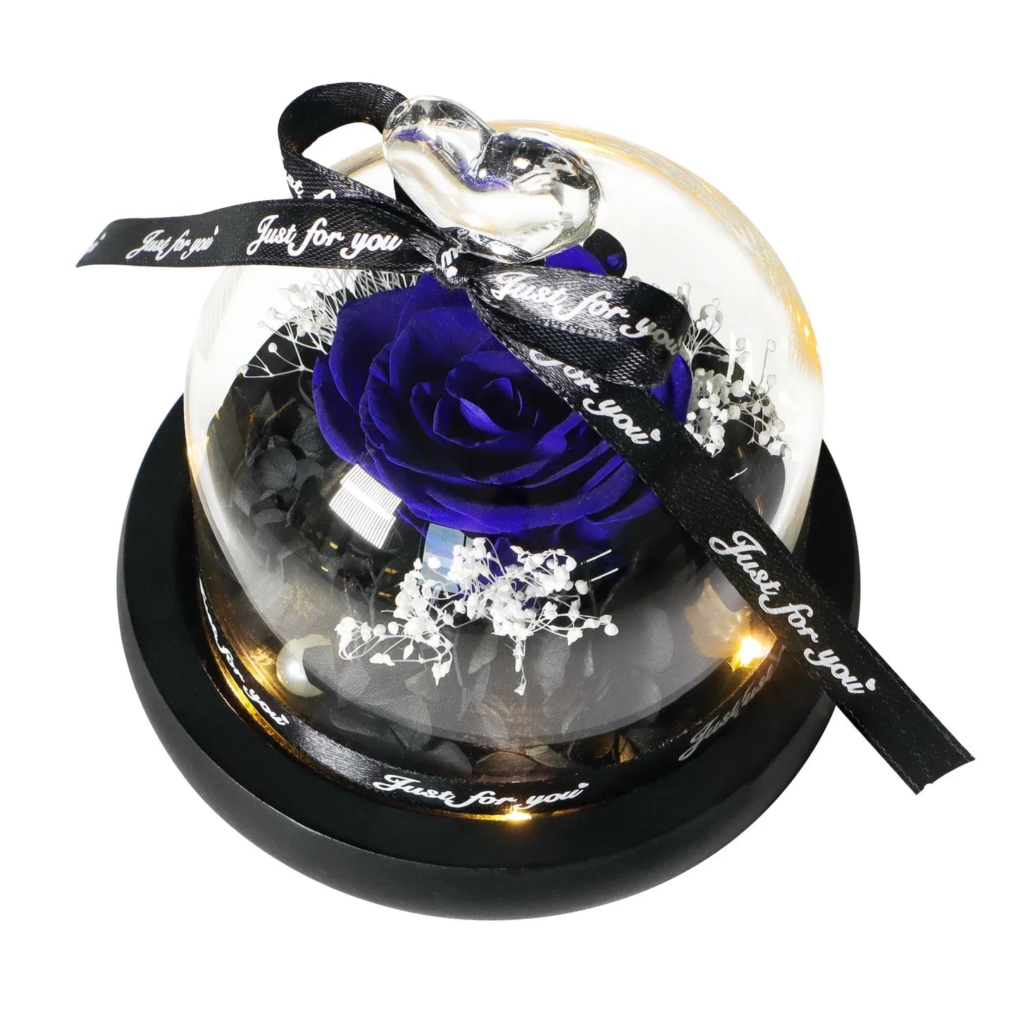 Forever Preserved Rose in Heart Glass Dome with LED Light for Valentine and Special Occasions