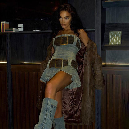 Denim Large Belt Design Tube Mini Dress