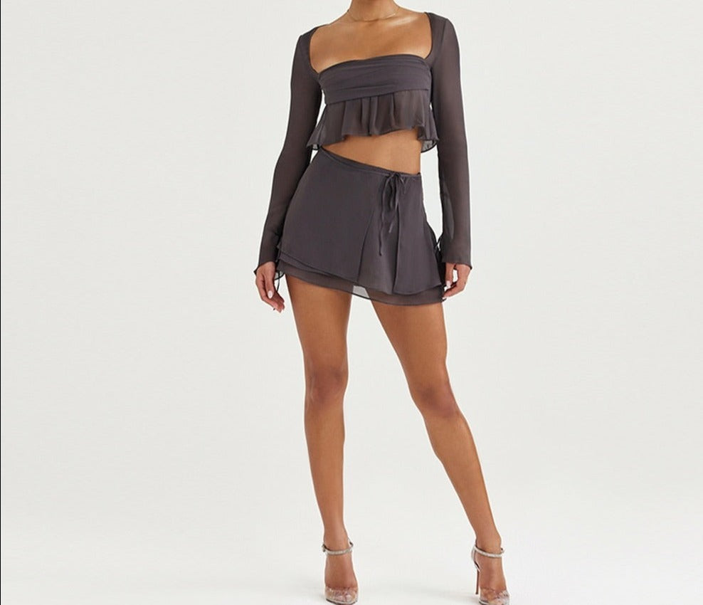 Grey Long Sleeve Crop Top And Mini Skirt Wrap Set
