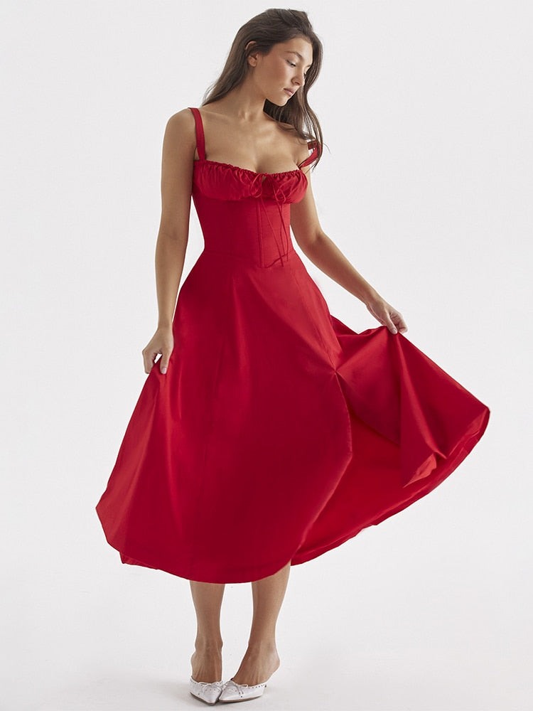 Red Strappy Tie-Up Bustier Midi Dress