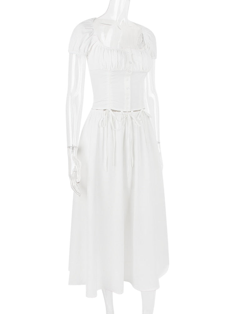White Buttoned Drawstring Crop Top and Midi Skirt Two Piece Set