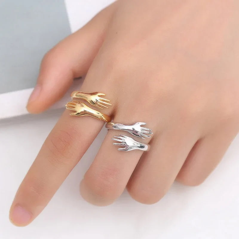 Adjustable Hug Hands Couple Ring in Silver Tone