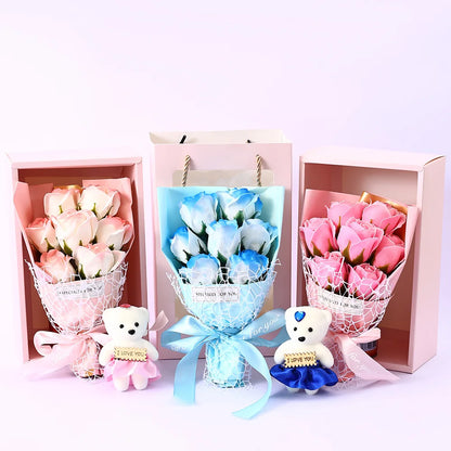 Soap Rose Bouquet with Teddy Bear Gift Box