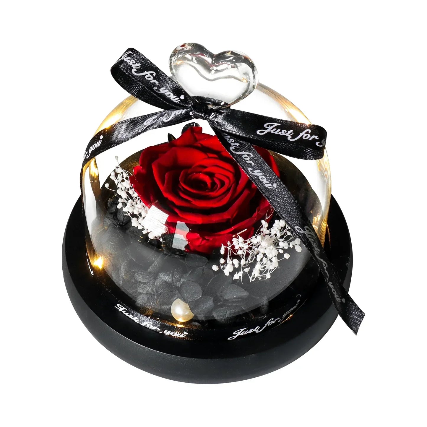 Forever Preserved Rose in Heart Glass Dome with LED Light for Valentine and Special Occasions