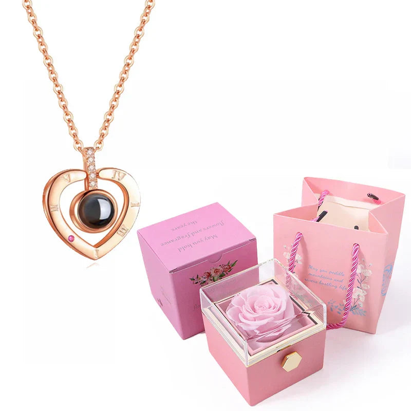 100 Languages I Love You Necklace with Rotating Rose