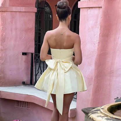 Tube Frill Ruched Bow Mini Dress