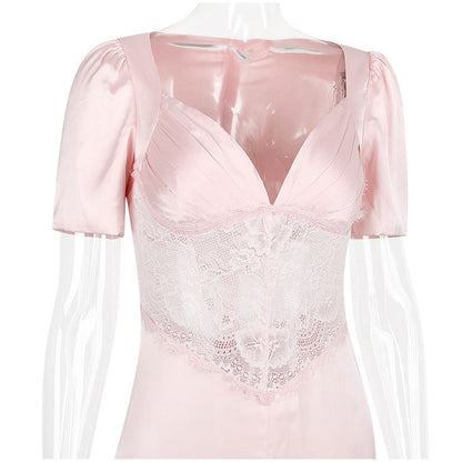 Pink Satin V-Neck Puff Sleeve Lace Patchwork Midi Dress