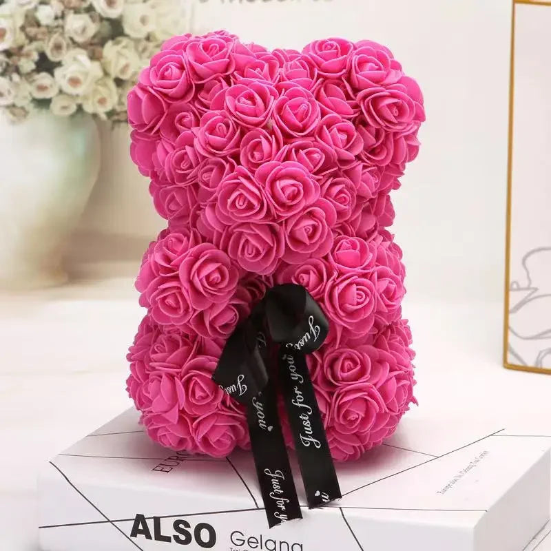 Artificial Rose Teddy Bear 25cm Romantic Floral Gift with Gift Box
