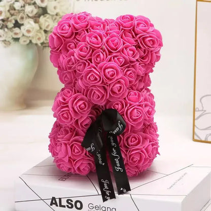 Artificial Rose Teddy Bear 25cm Romantic Floral Gift with Gift Box