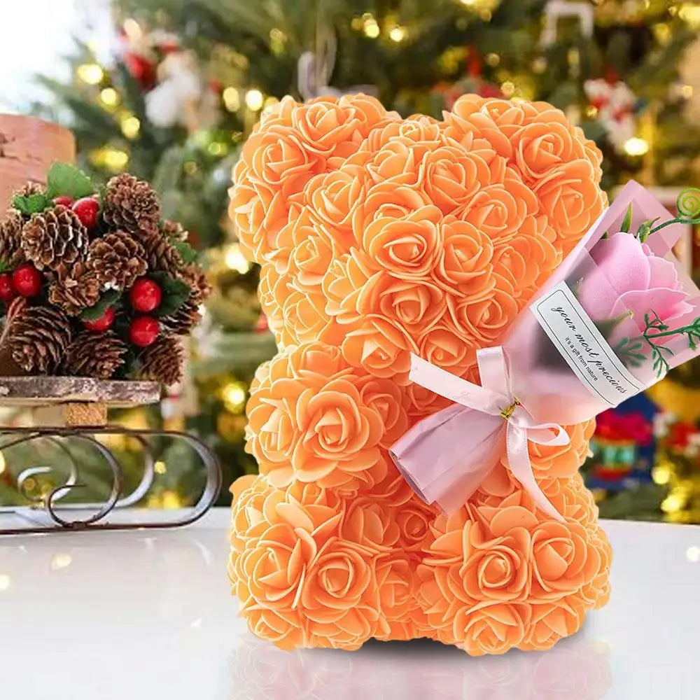 Rose Bear in Clear Box - Handmade Artificial Flower Gift for Valentine's Day, Birthday, or Special Occasion