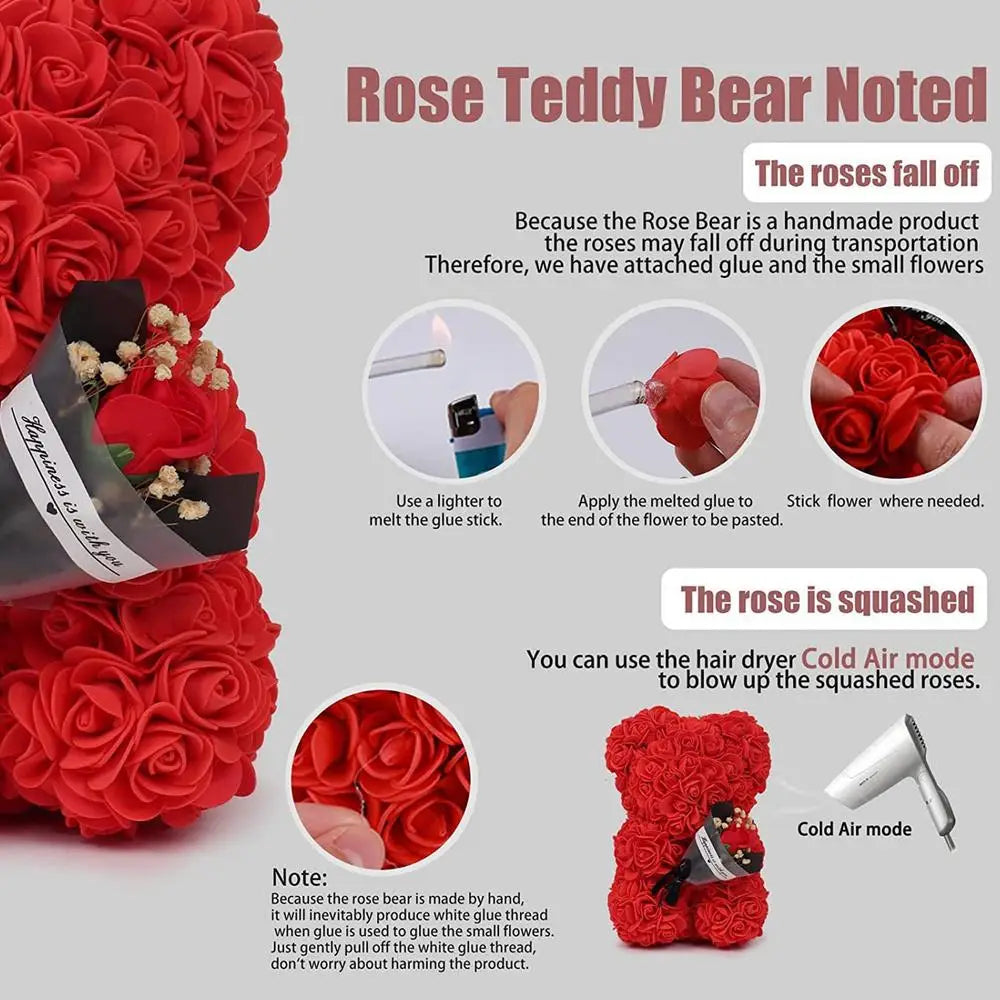 Rose Bear in Clear Box - Handmade Artificial Flower Gift for Valentine's Day, Birthday, or Special Occasion