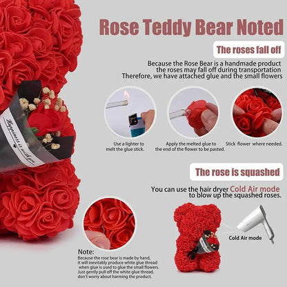 Rose Bear in Clear Box - Handmade Artificial Flower Gift for Valentine's Day, Birthday, or Special Occasion