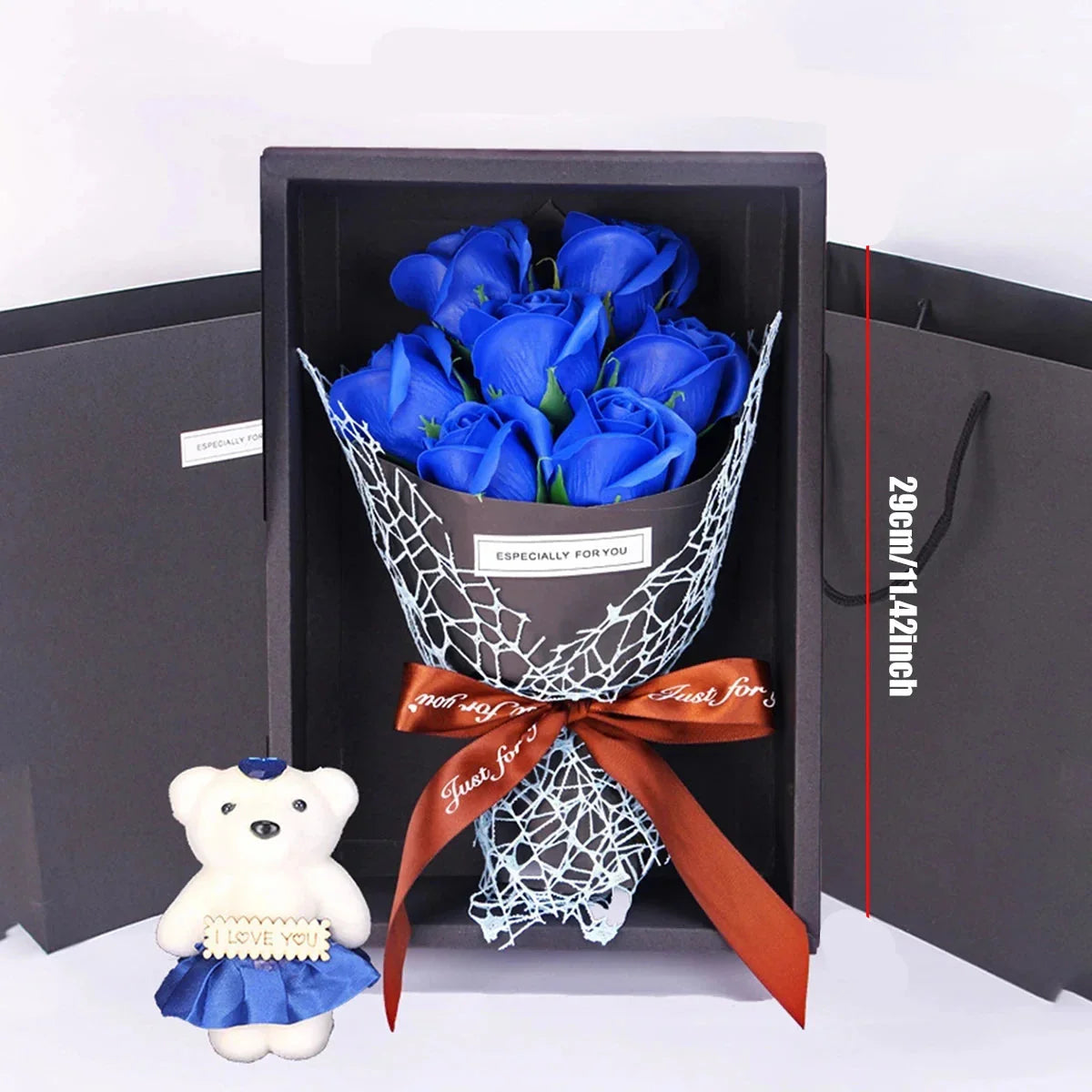 Handmade 7-Rose Soap Bouquet with Little Bear Gift Box for Valentine's Day and Special Occasions