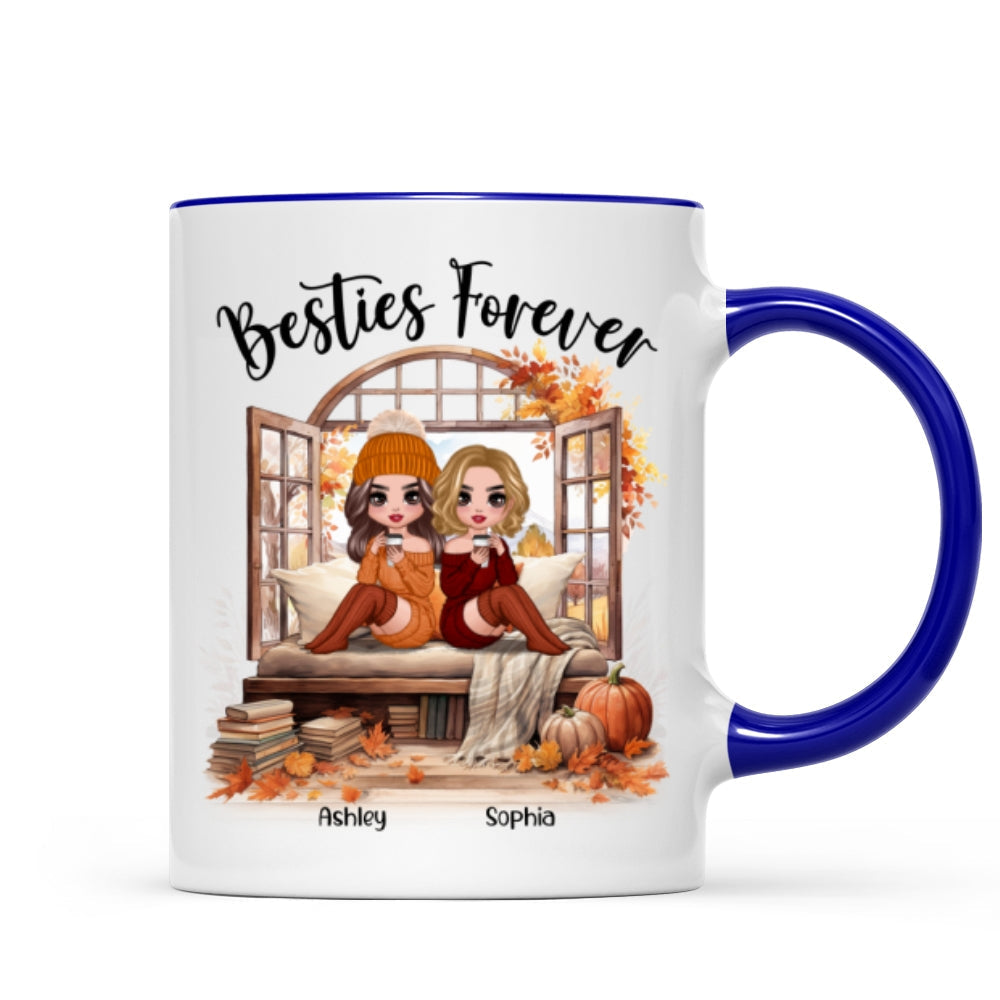 Besties Sisters Sitting Fall Season Window Personalized Mug