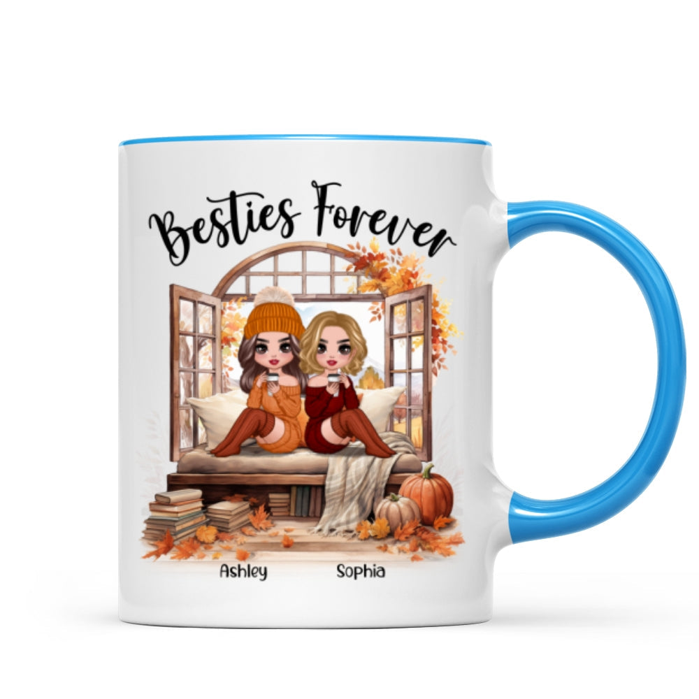 Besties Sisters Sitting Fall Season Window Personalized Mug