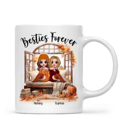 Besties Sisters Sitting Fall Season Window Personalized Mug
