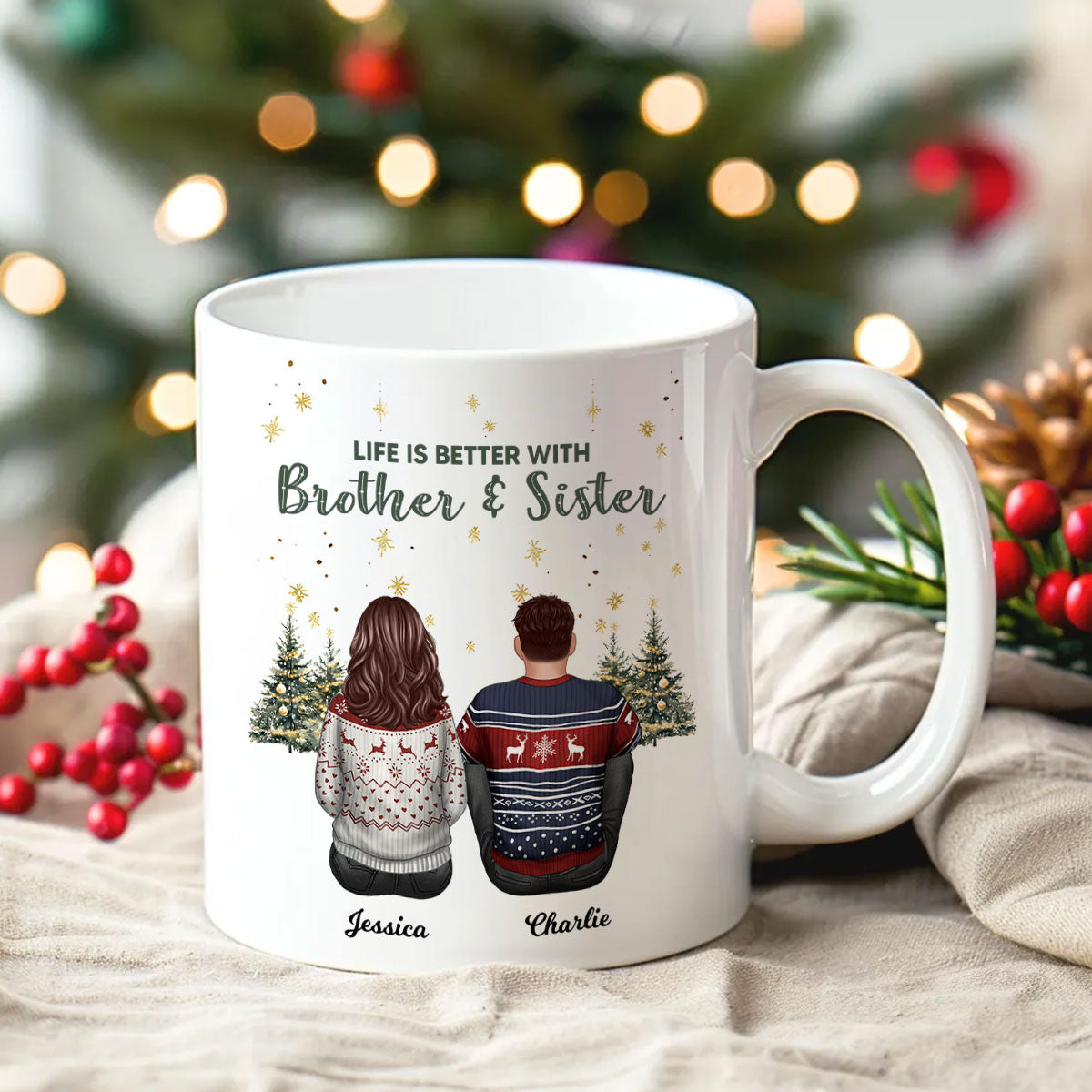 Brother Sisters Christmas Tree Personalized Mug, Christmas Gift for Siblings