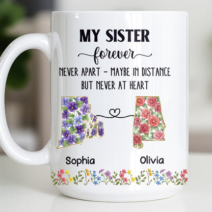 My Sister Forever With State Outlines And Flowers - Personalized Custom Coffee Mug - SIS010_MG