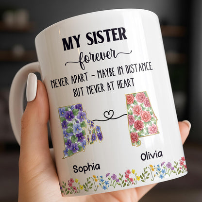 My Sister Forever With State Outlines And Flowers - Personalized Custom Coffee Mug - SIS010_MG