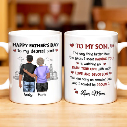 Happy Father's Day To My Dearest Son, Love And Devotion, Hearts And Cityscape - Personalized Custom Coffee Mug - SON034_MG