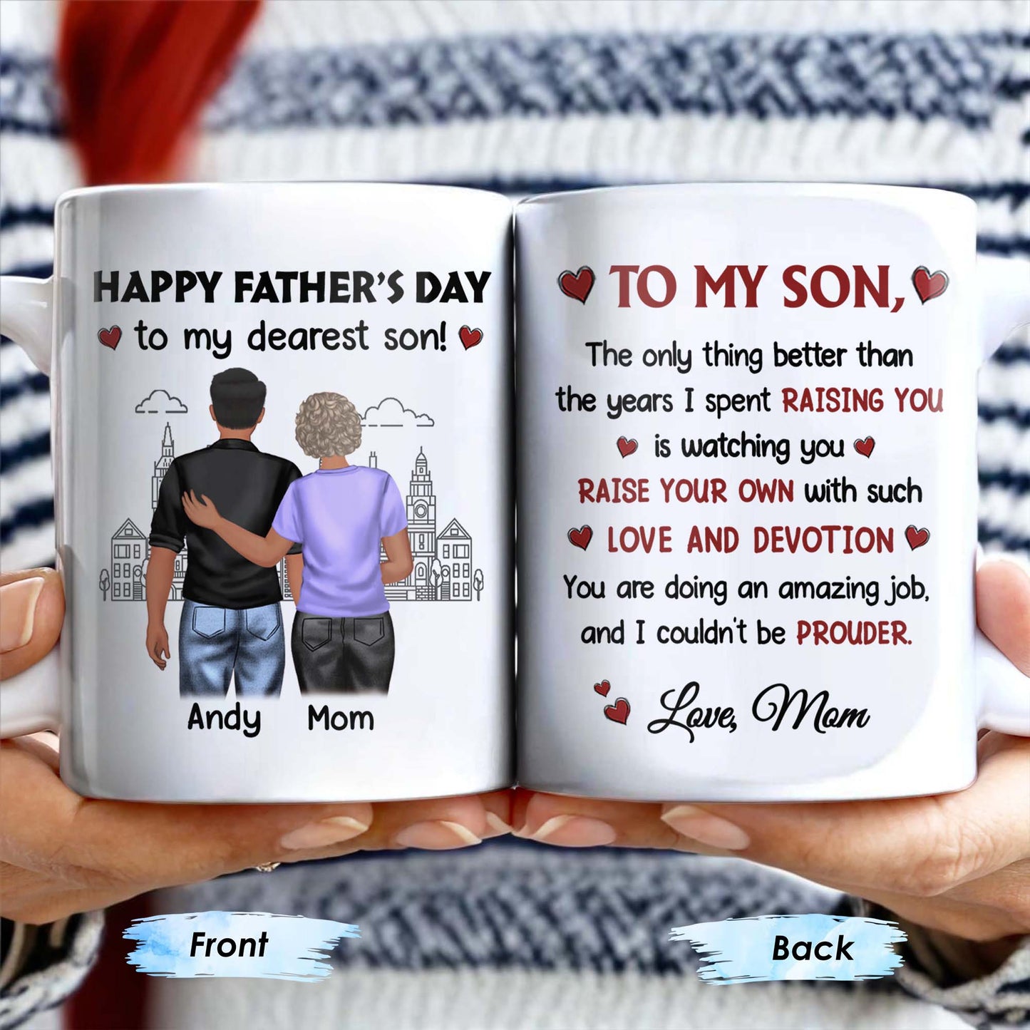 Happy Father's Day To My Dearest Son, Love And Devotion, Hearts And Cityscape - Personalized Custom Coffee Mug - SON034_MG