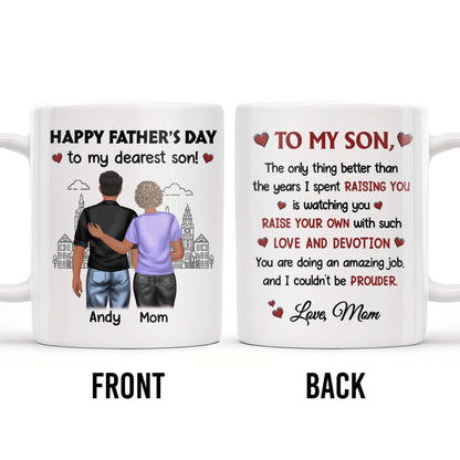 Happy Father's Day To My Dearest Son, Love And Devotion, Hearts And Cityscape - Personalized Custom Coffee Mug - SON034_MG